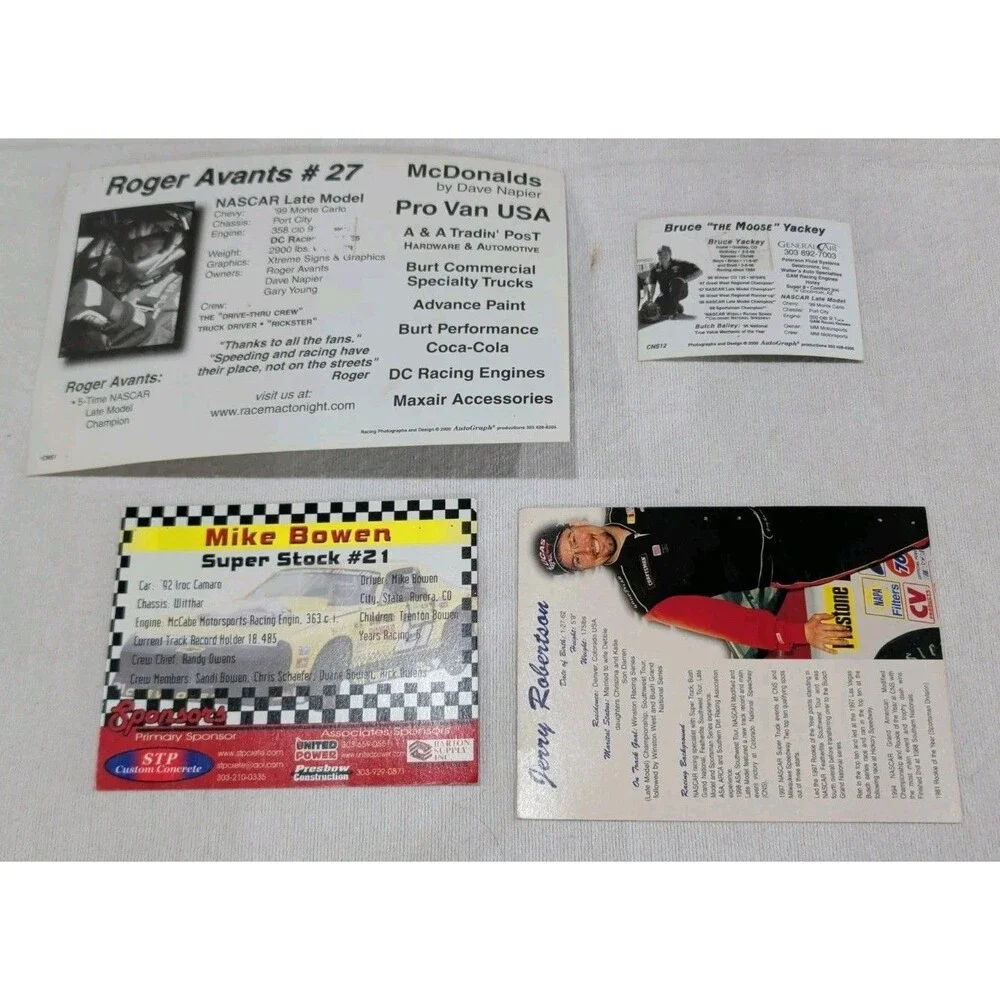 (4) NASCAR Autographed Promo Cards. Avants. Bowen. Robertson. Yackey.